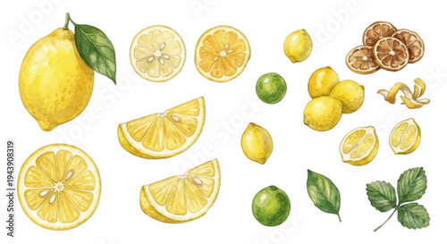 レモンの水彩イラストセット 柑橘フルーツ素材 Lemon Watercolor Illustration Set