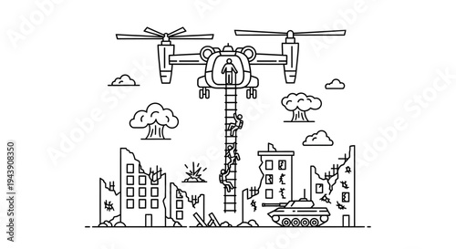 Military Helicopter Rescues People from War-Torn City with Tank