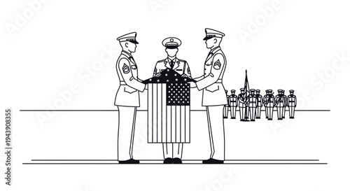 Military Honor Guard Folds American Flag with Honor Guard and Soldiers in Background