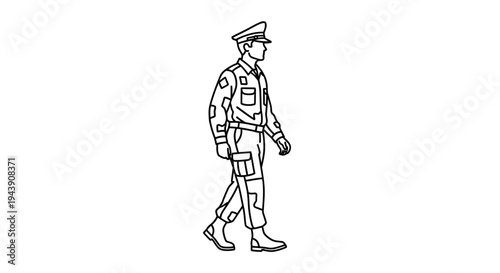 Military man walking in uniform, side view, black and white line drawing