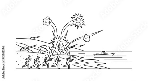 Military invasion, soldiers landing on beach under artillery fire, naval ship offshore