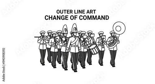 Military Marching Band in Uniforms Performing Outdoors, Line Art