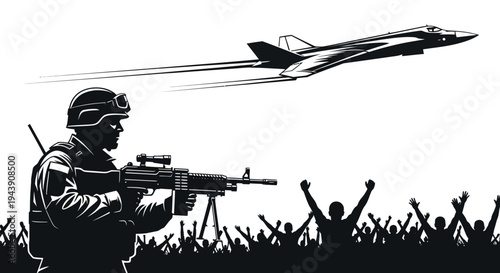 Soldier with Machine Gun and Fighter Jet Flying Over Crowd