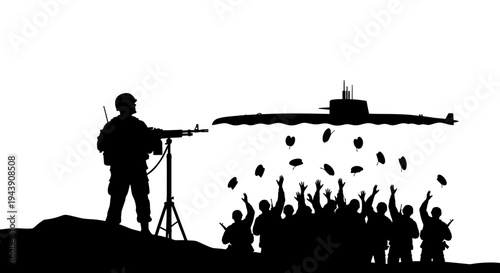 Soldier with Machine Gun Defends Against Submarine Dropping Bombs on Crowd