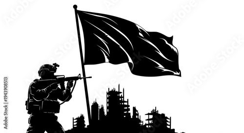 Soldier with Rifle and Flag in Ruined City Silhouette