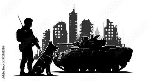 Soldier with Military Dog and Tank Silhouette Against Ruined City Skyline