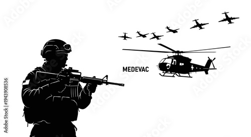 Soldier with Rifle and Medevac Helicopter with Fighter Jets Overhead