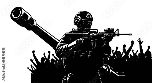 Soldier with Rifle and Tank Barrel Facing Crowd, Protest, Conflict, Power, Military