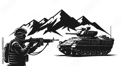 Soldier with rifle and tank in mountains, military, army, combat, warfare, strategic operation