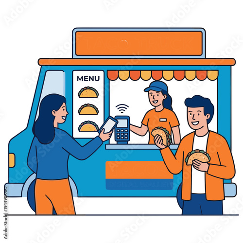 A woman buys food from a vendor at an outdoor food truck with a man.