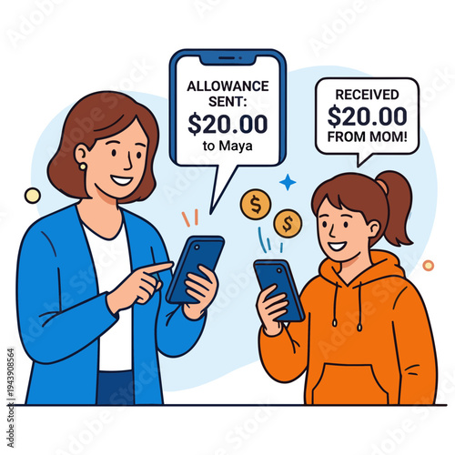 Woman sends money to teenage girl through mobile payment app indoors.