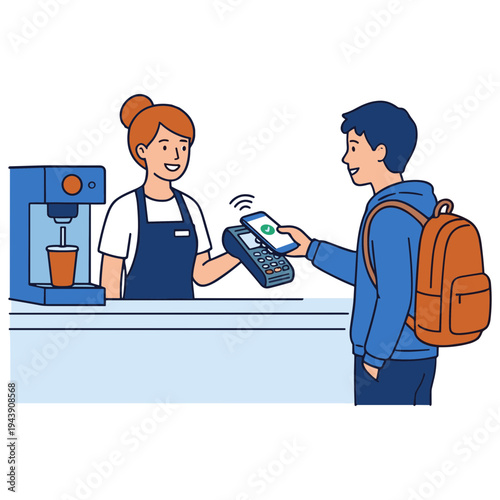 Man makes contactless payment to woman behind counter with coffee machine