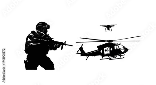 Soldier with Rifle, Helicopter, and Drone - Military Technology and Warfare Concept
