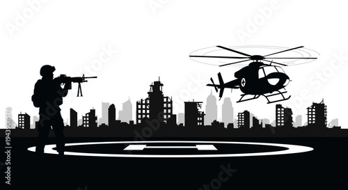 Soldier with rifle on helipad, helicopter landing near destroyed city skyline silhouette