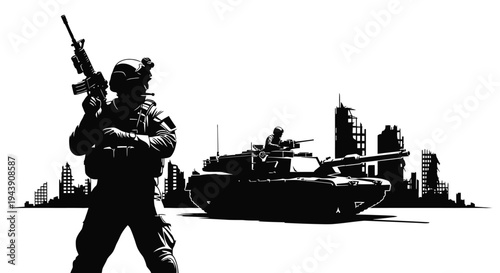 Soldier with Rifle and Tank Silhouette Against City Skyline