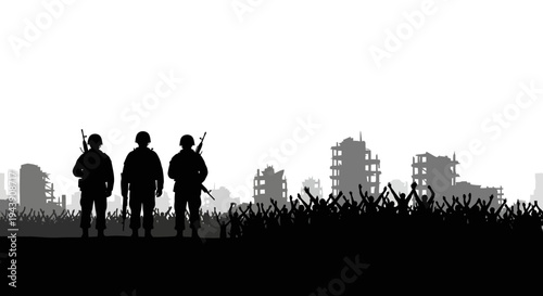 Soldiers Silhouetted Against Ruined Cityscape and Cheering Crowd