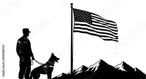 US Soldier and K9 Partner Stand Proudly by American Flag with Mountain Backdrop