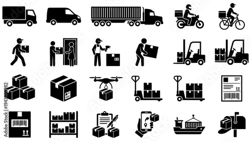 Comprehensive collection of modern delivery and logistics icons, illustrating efficient global transport, shipping, and supply chain management services