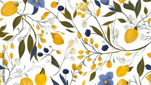 Beautiful yellow and blue floral seam pattern design for textiles and wallpaper, vibrant yellow and blue flowers arranged in an artistic seam pattern.