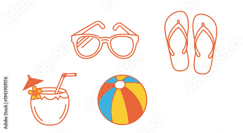 Summer Beach Vacation Icon Set Featuring Sunglasses Flip Flops Beach Ball and Tropical Holiday Accessories for Summer Travel Leisure and Tourism Design