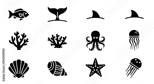 Marine Sea Life Icon Set Featuring Whale Shark Coral Octopus Shell and Starfish Illustrations for Ocean Wildlife Marine Biology and Aquatic Nature Concepts