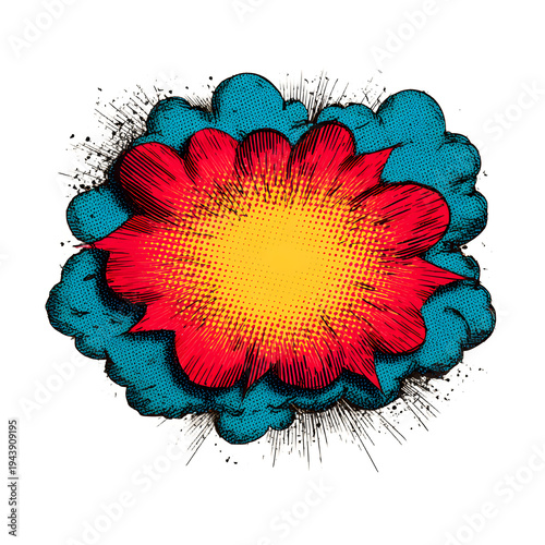 Vibrant comic book style explosion graphic with red, yellow, and blue colors, featuring halftone dots and black splatter effects.