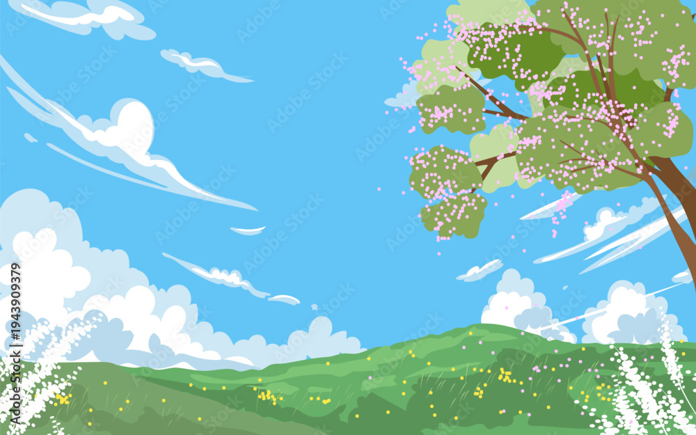 Fototapeta premium Spring landscape.Cherry tree blossom,Blue sky,Green meadow on hill.Summer nature flower blooming tree branches,grass field.Vector anime cartoon illustration Seasonal ,Travel design,Nature background