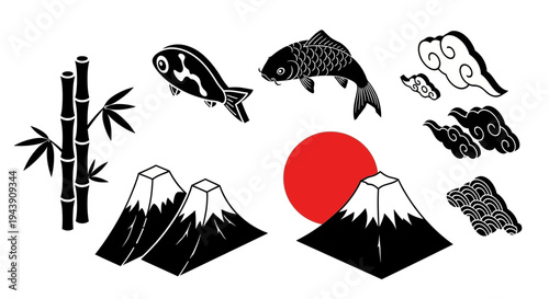 Japanese Culture Landscape Icon Illustration Featuring Mount Fuji Fish and Red Sun Symbol Representing Traditional Japan Travel Nature and Cultural Identity