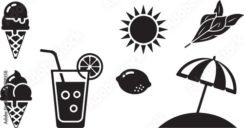 Summer Vacation Icons and Refreshing Drinks Illustration
