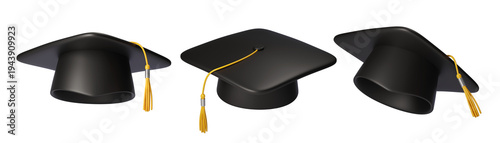 Cuadro en lienzo Set of Black Graduation cap or hat with golden Tassel isolated on the background, 3D render