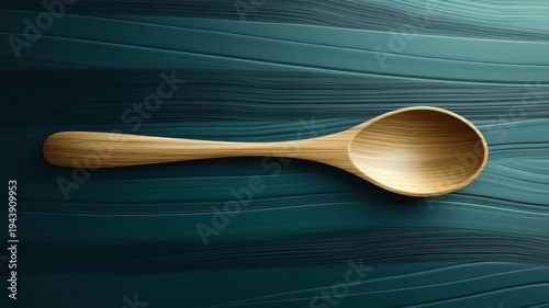 Close up view of a rustic wooden spoon resting on a vibrant solid blue background surface.