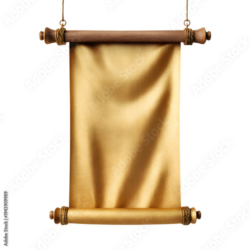 Vintage gold silk scroll hanging from wooden dowels with rope accents. Antique golden fabric banner for royal announcements. Elegant satin parchment roll for medieval invitations and awards.