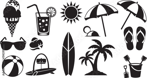 Black and white beach summer vacation icons and symbols