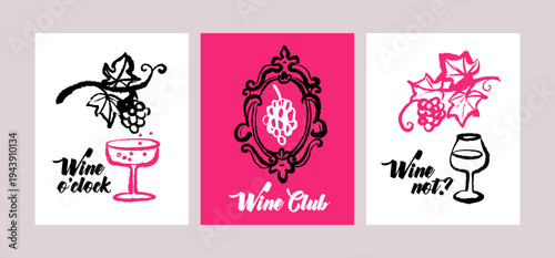 Hand drawn whimsical wine poster set. Vector sketch line art doodle illustration. Mediterranean food and drink banners