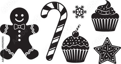 Black and white Christmas sweets and treats illustration set