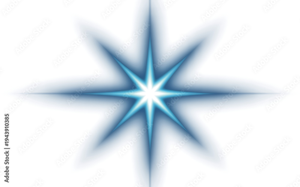 Obraz premium Sharp Blue Eight-Point Starburst Light Effect with Defined Radial Rays on White Background for Impactful Visuals