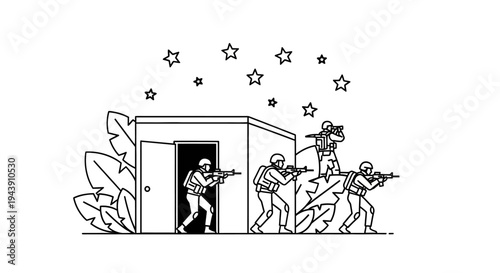 Military Special Forces Team Storming Building with Rifles, Stars Background