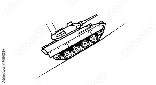 Military Tank Climbing Steep Hillside - Line Art Illustration
