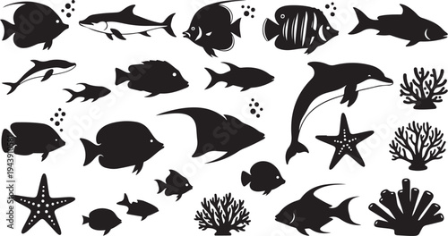 Black silhouettes of various ocean fish and sea creatures