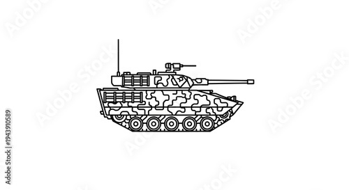 Military Tank Outline Drawing, Camouflage Pattern, White Background