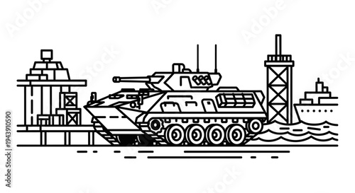 Military Tank Loading onto Ship at Port, Logistics and Transportation Concept