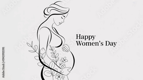 Pregnant woman celebrating women's day with floral design and text