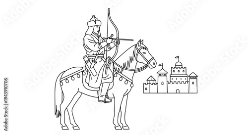 Mongol Warrior Archer on Horseback Attacking a Castle, Historical Illustration