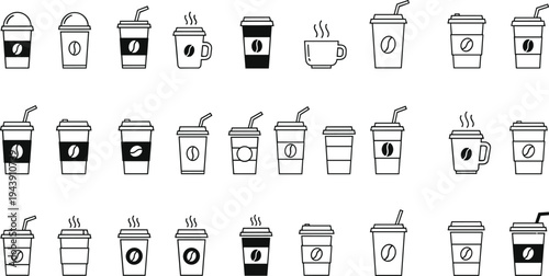 Diverse illustrations of coffee cups and beverages with various designs and styles