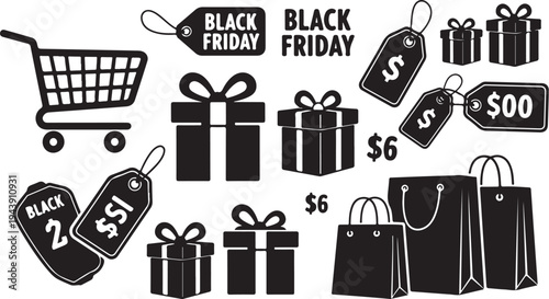 Black Friday shopping icons and sale price tags collection