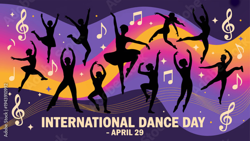 Silhouette dancers celebrate international dance day with musical notes on colorful background