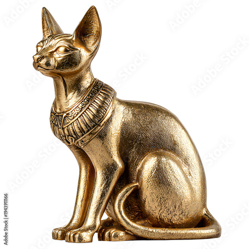 Ancient Egyptian cat statue in golden finish, Bastet goddess figurine with ornate collar detail, majestic gold feline sculpture for interior decor