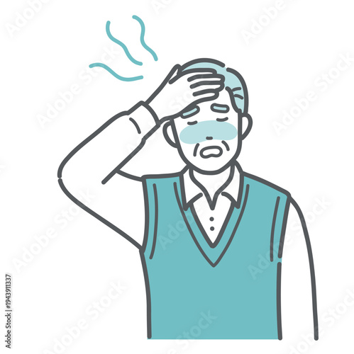 ほてりや発熱で辛そうなシニア男性（おじいちゃん）のイラスト
