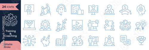 Outline coaching icon set illustrating mentoring, leadership, teamwork, communication, and personal development concepts