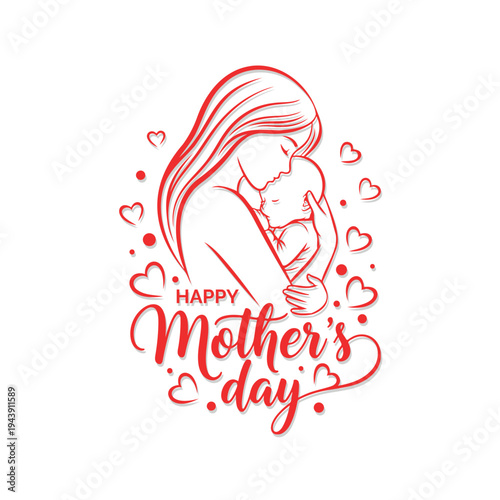 Happy Mother’s Day Typography with Mother and Baby Line Art Heart Vector